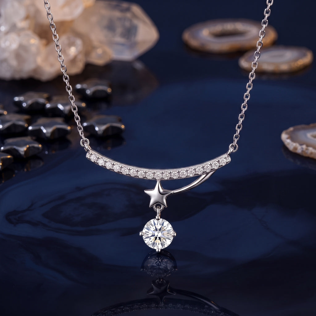 Sterling Silver Starry Sky Meteor Moissanite Necklace – Pave Curve Pendant