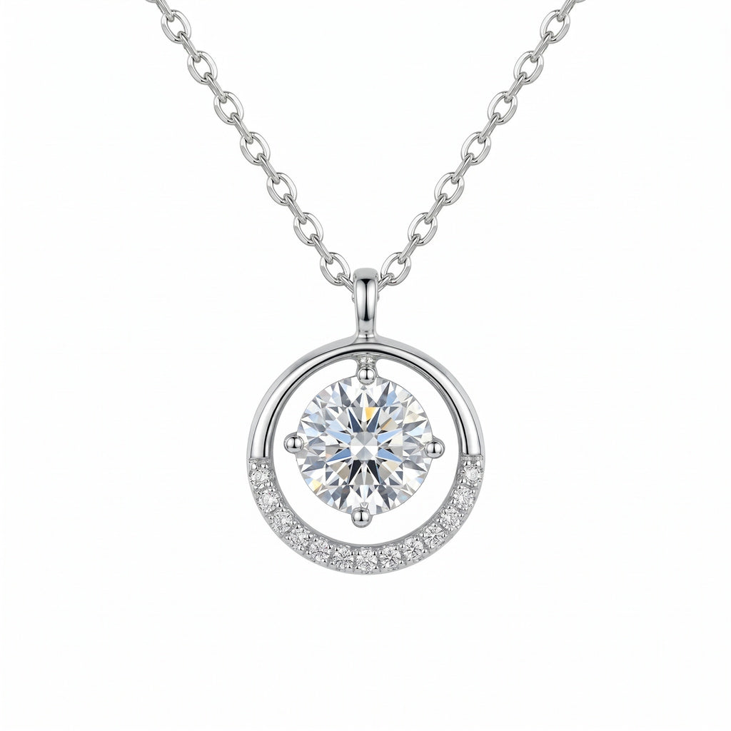 Sterling Silver Round Moissanite Circle Pendant Necklace