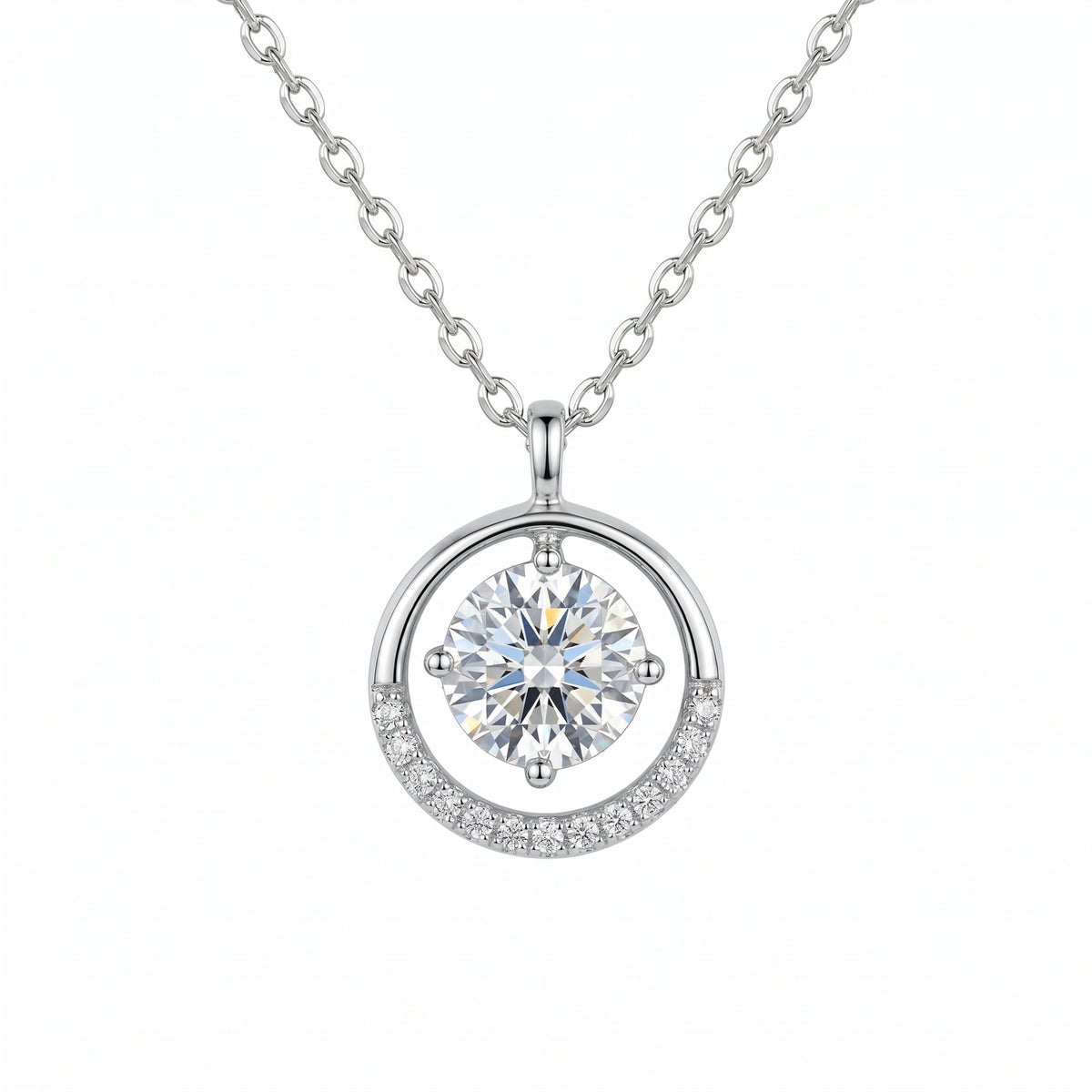 Sterling Silver Round Moissanite Circle Pendant Necklace