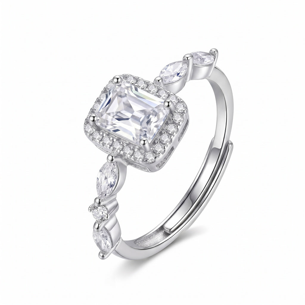 Sterling Silver Adjustable Emerald-Cut Cubic Zirconia Halo Ring