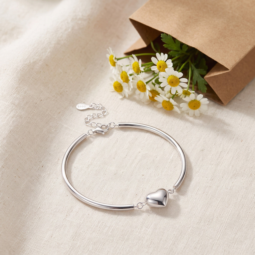 Sterling Silver Puffed Heart Smooth Tube Bracelet
