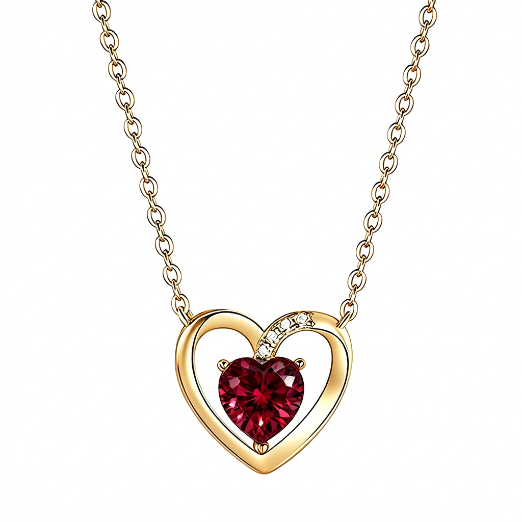 18K Yellow Gold Plated Red Heart Moissanite Pendant Necklace