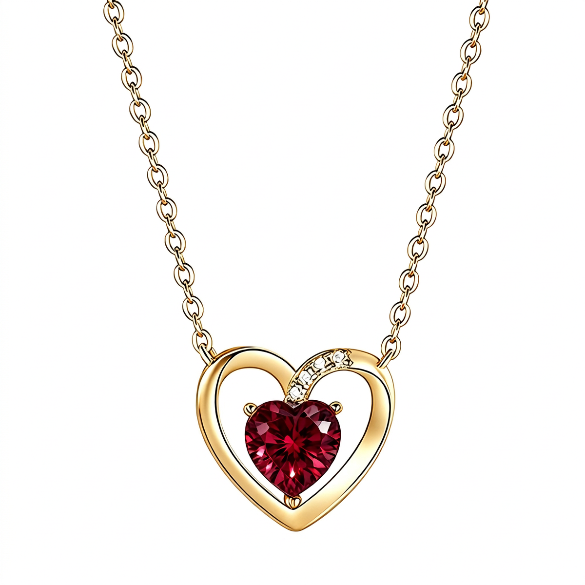 18K Yellow Gold Plated Red Heart Moissanite Pendant Necklace
