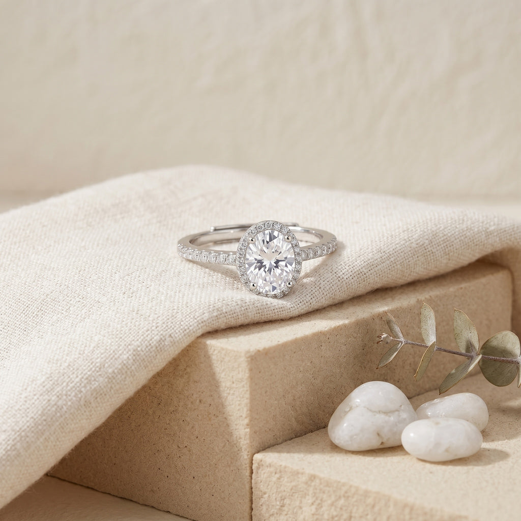 Sterling Silver Adjustable Oval Halo Ring