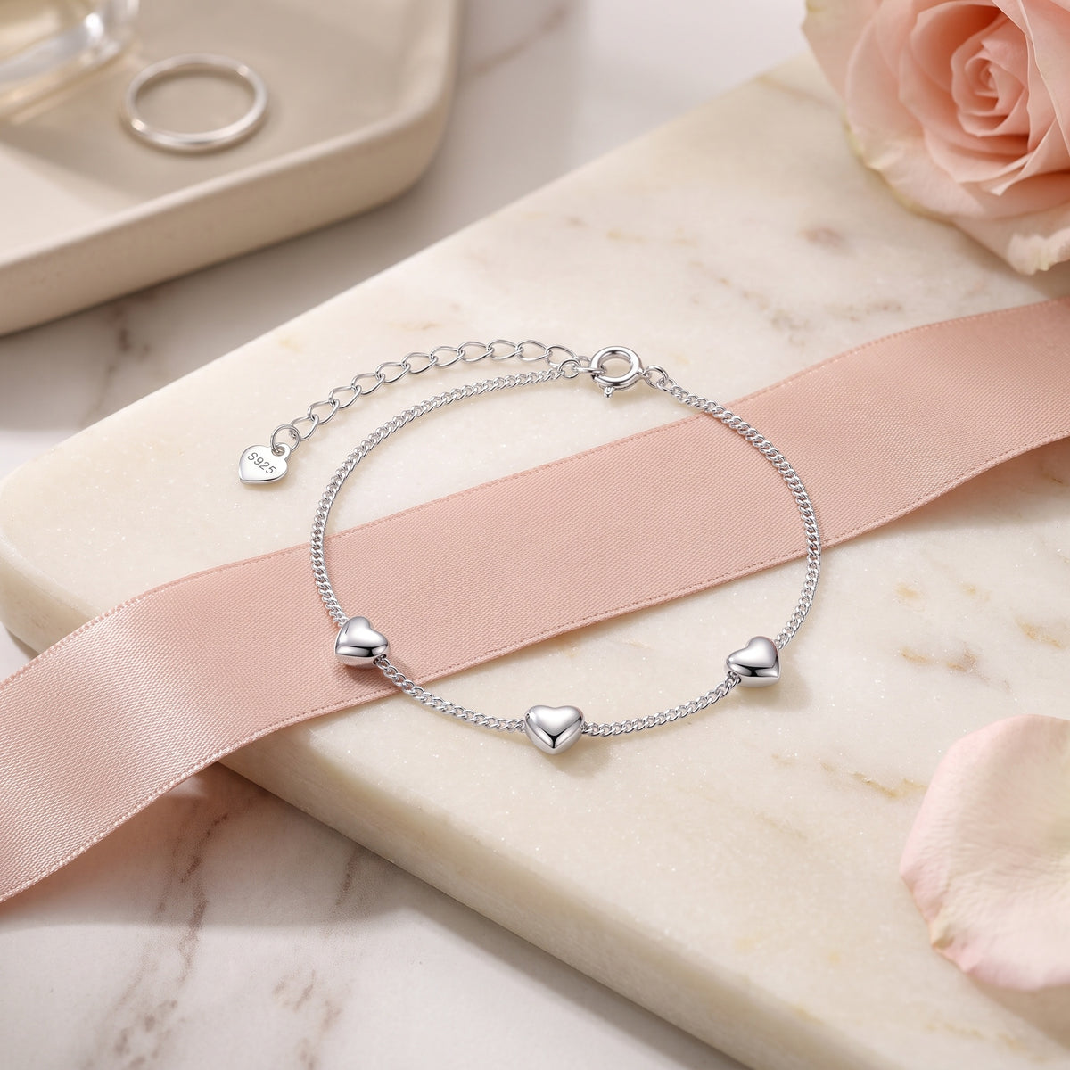 Sterling Silver Three Puffy Heart Bracelet