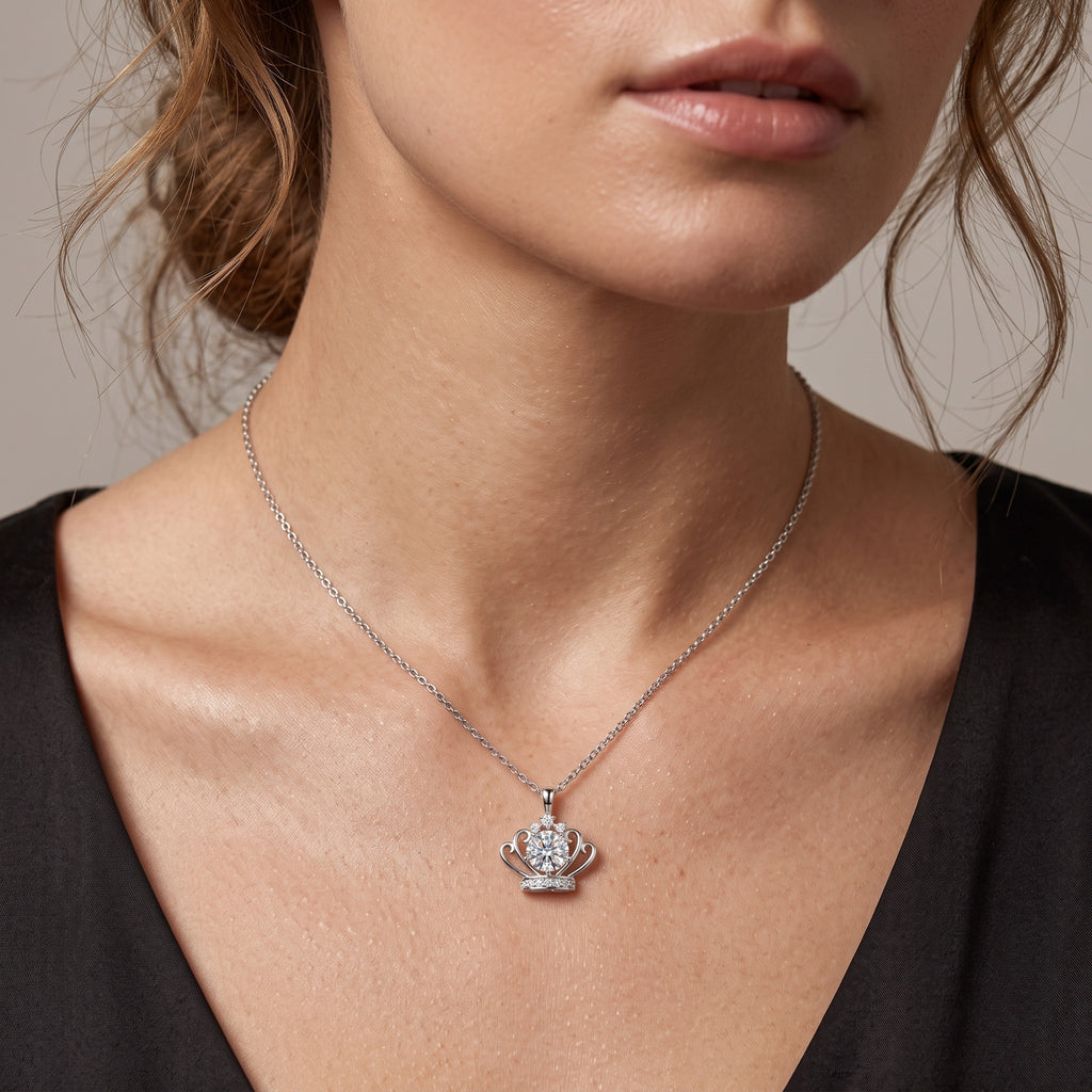 Sterling Silver Moissanite Crown Pendant Necklace