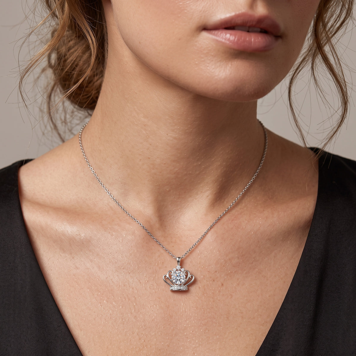 Sterling Silver Moissanite Crown Pendant Necklace