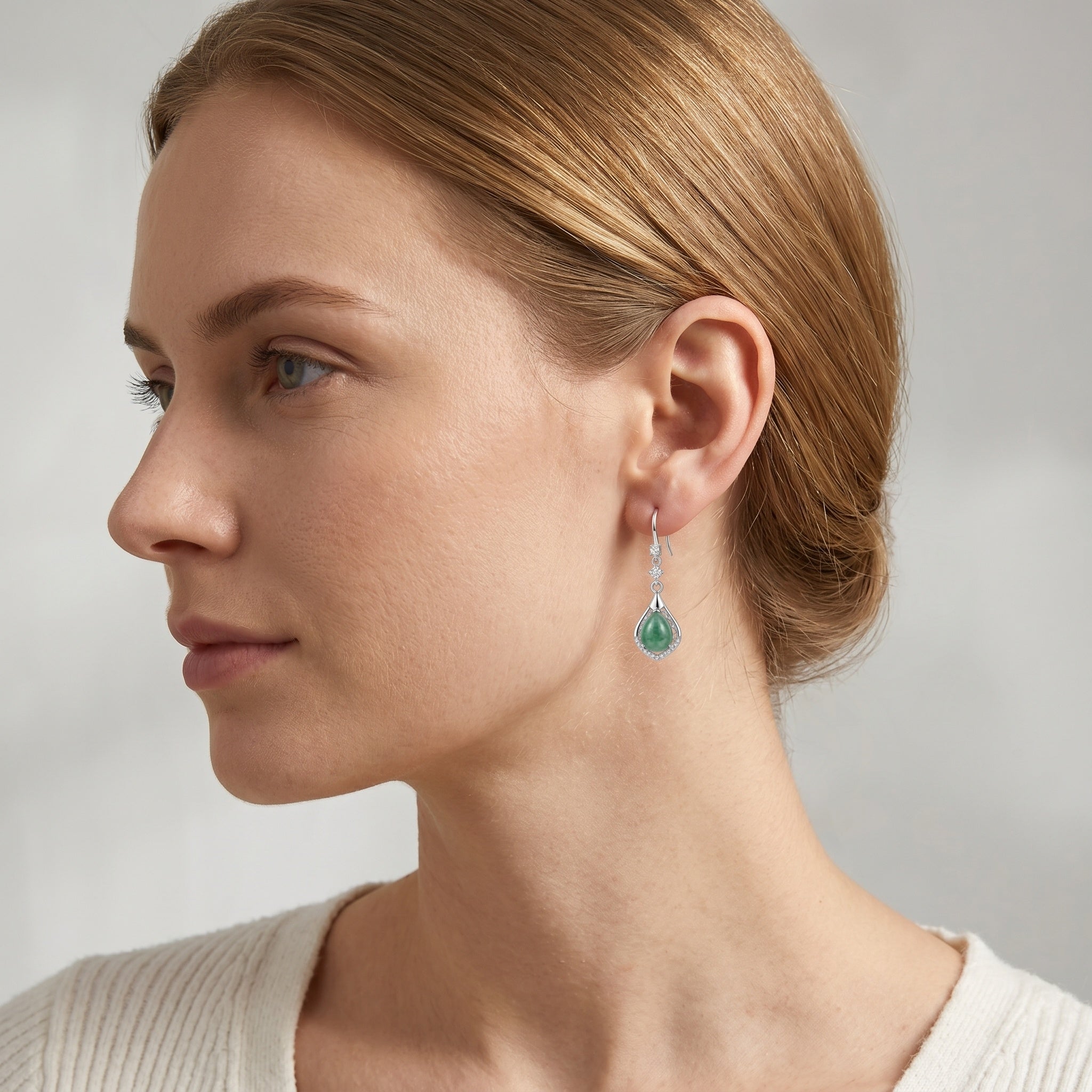 Green Jade Teardrop Drop Earrings with Filigree Detail – Silver-Tone Hook Earrings