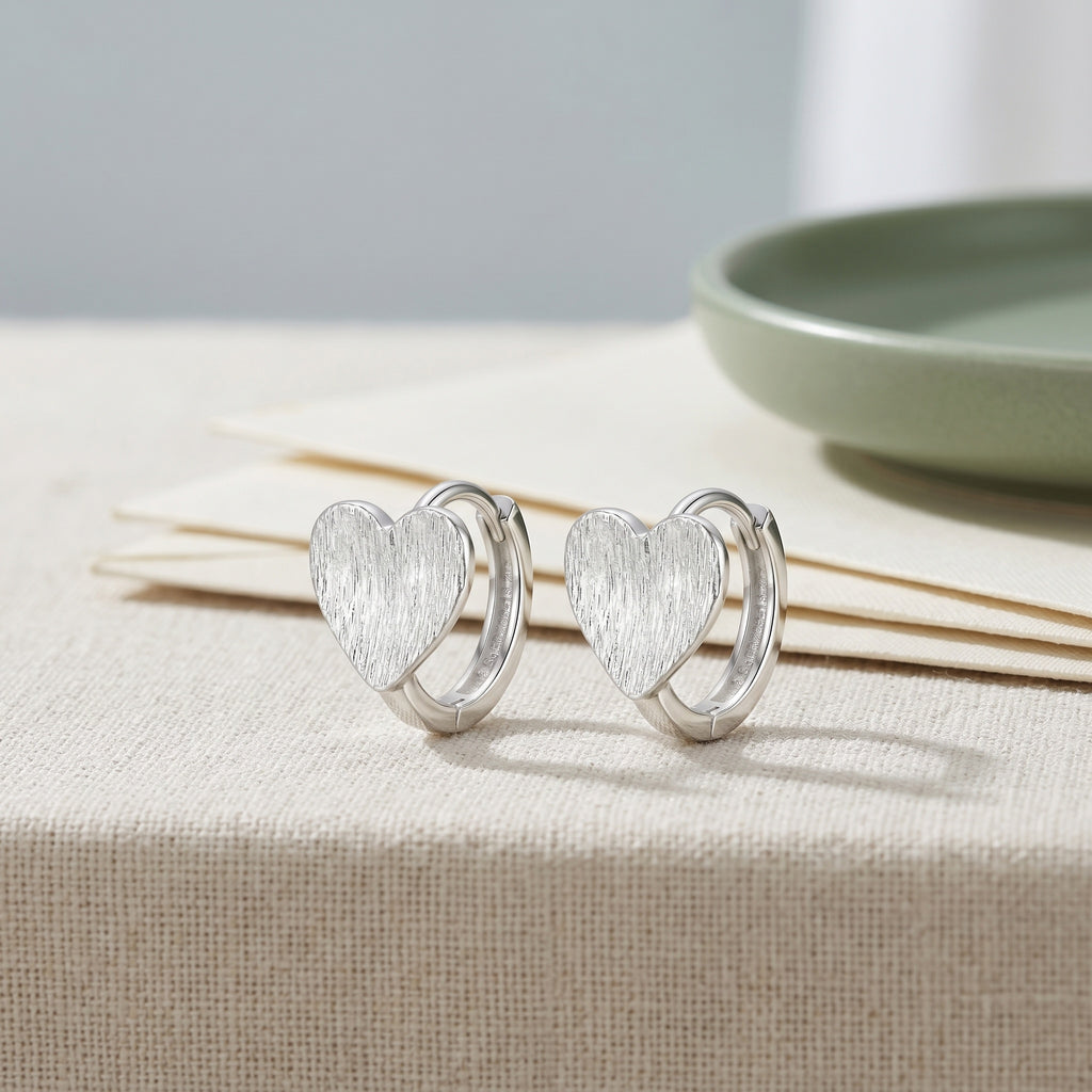 Heart Huggie Hoop Earrings with Brushed Texture