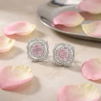Sterling Silver Pink Gemstone Floral Stud Earrings – Pavé Rose Design