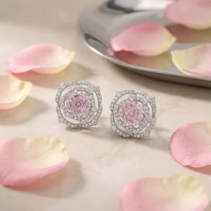 Sterling Silver Pink Gemstone Floral Stud Earrings – Pavé Rose Design
