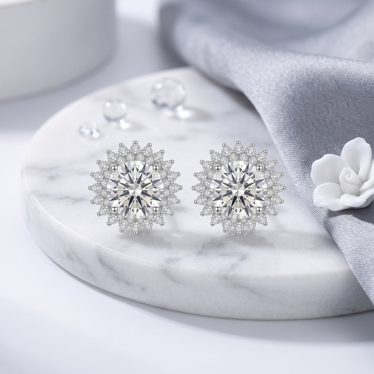 Sterling Silver Snowflake Moissanite Halo Stud Earrings