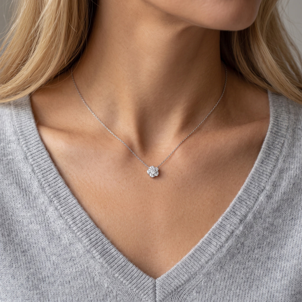 Sterling Silver Moissanite Flower Cluster Pendant Necklace