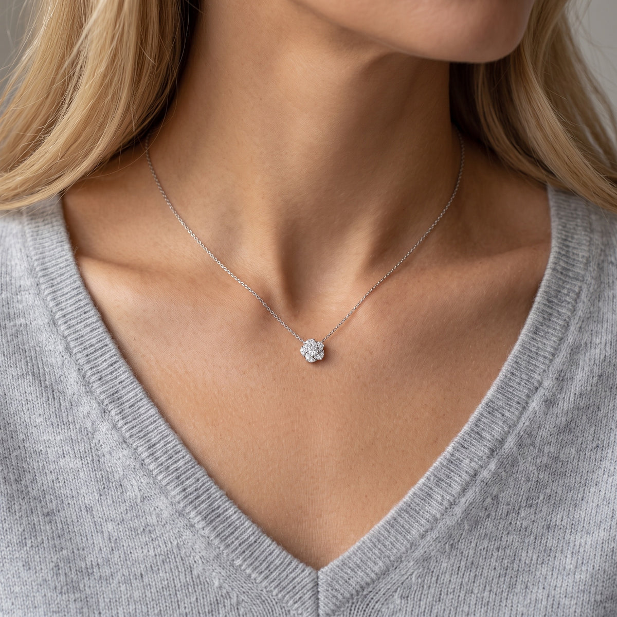 Sterling Silver Moissanite Flower Cluster Pendant Necklace