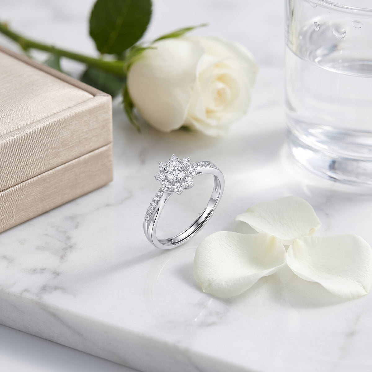 Sterling Silver Snowflake Flower Halo Ring