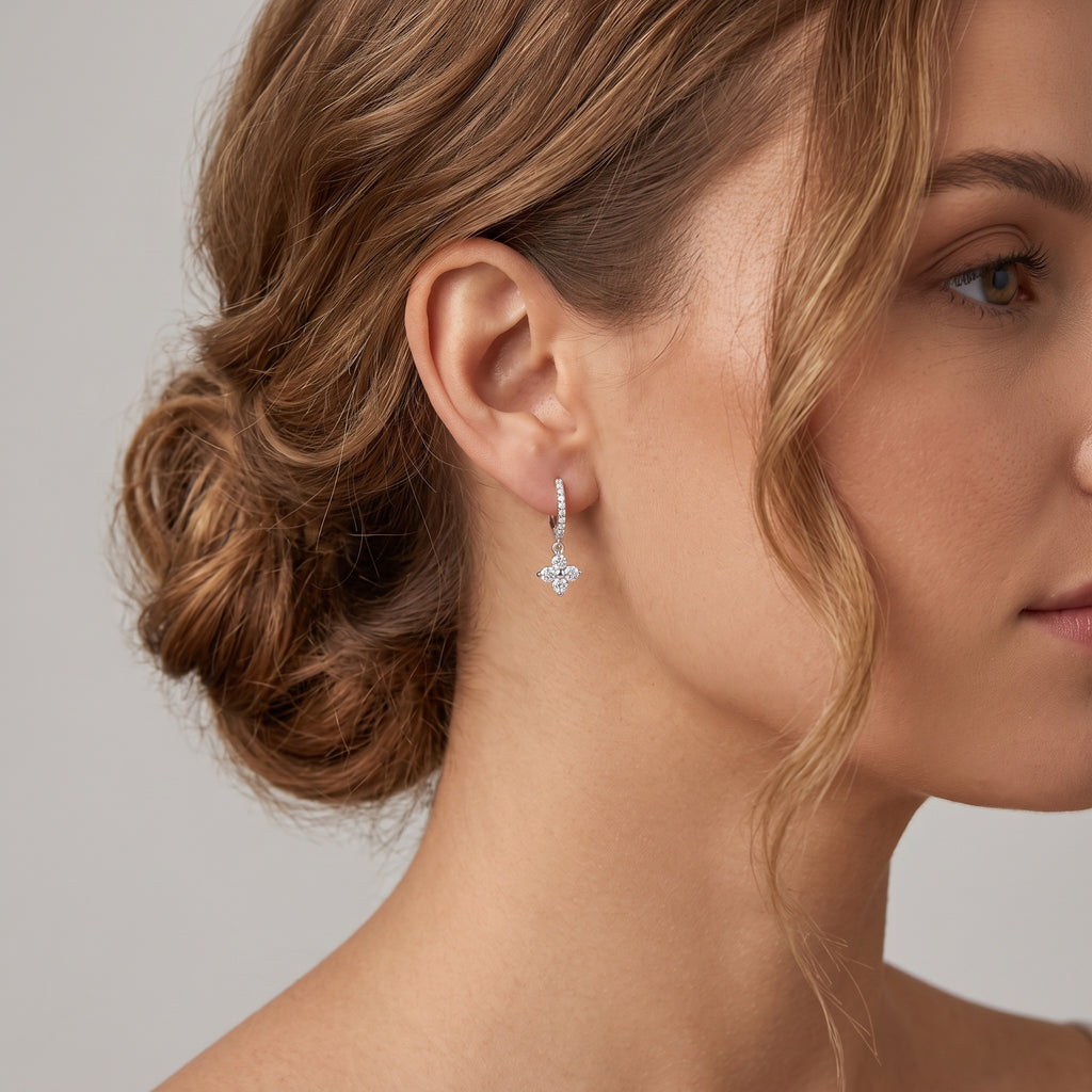 Sterling Silver Moissanite Flower Huggie Drop Earrings