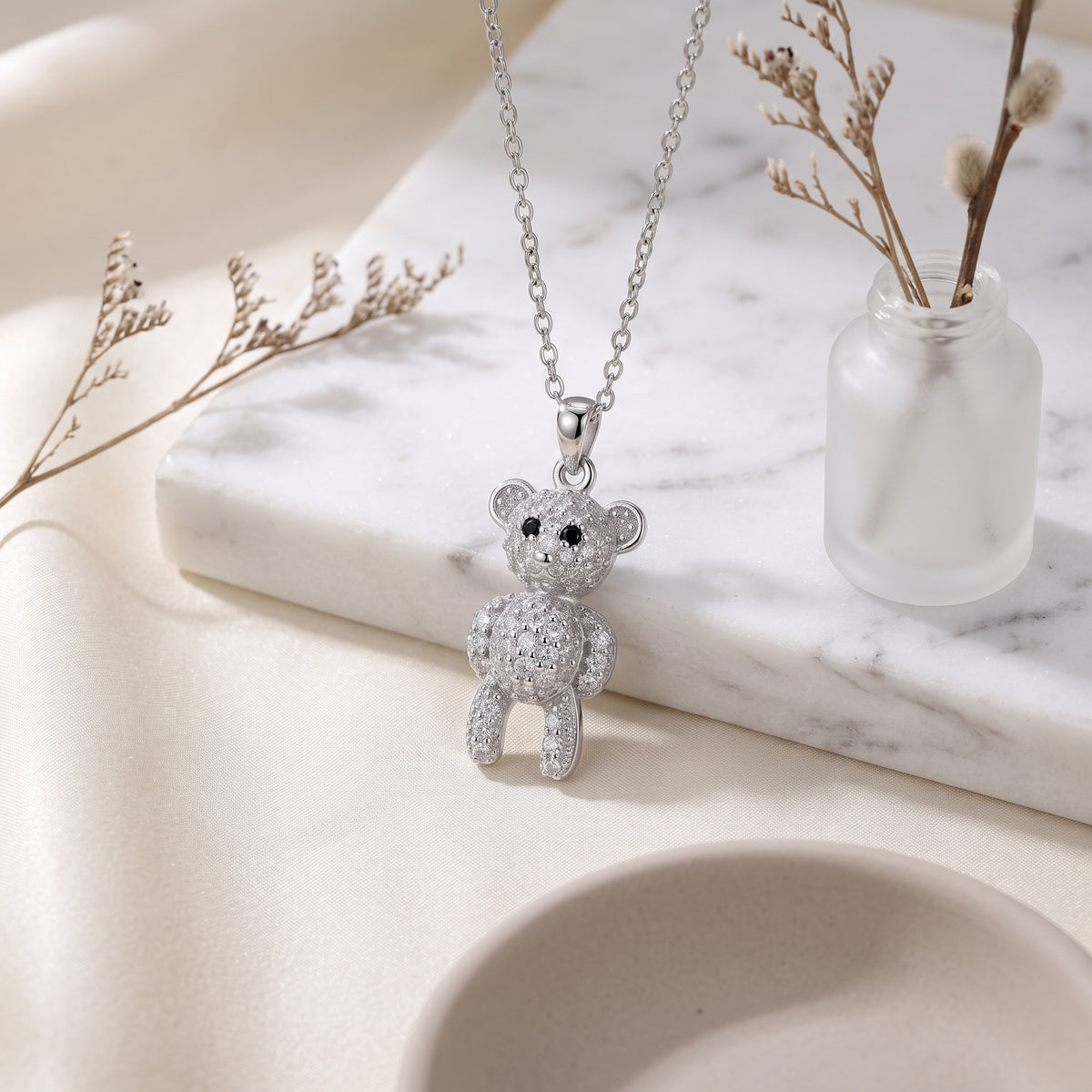 Sterling Silver Teddy Bear Moissanite Necklace