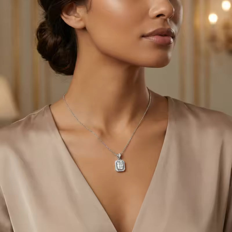 Sterling Silver Emerald-Cut Cubic Zirconia Halo Pendant Necklace