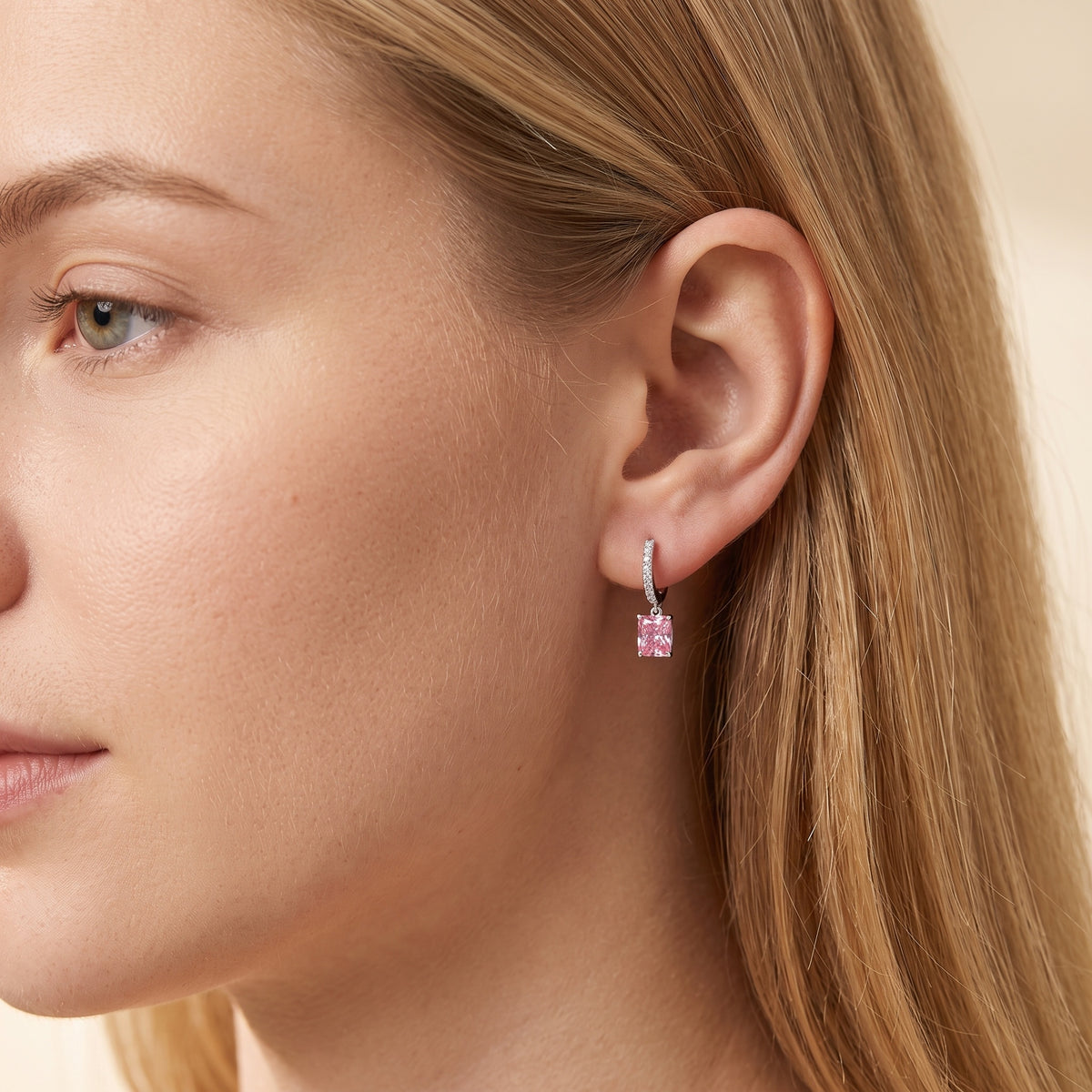 Sterling Silver Emerald-Cut Cubic Zirconia Drop Huggie Earrings