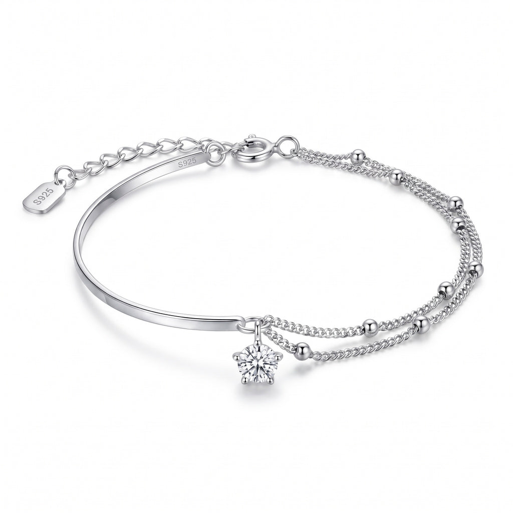 Sterling Silver Double Layer Beaded Chain Cubic Zirconia Bracelet