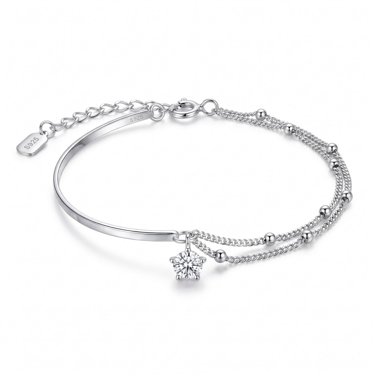 Sterling Silver Double Layer Beaded Chain Cubic Zirconia Bracelet