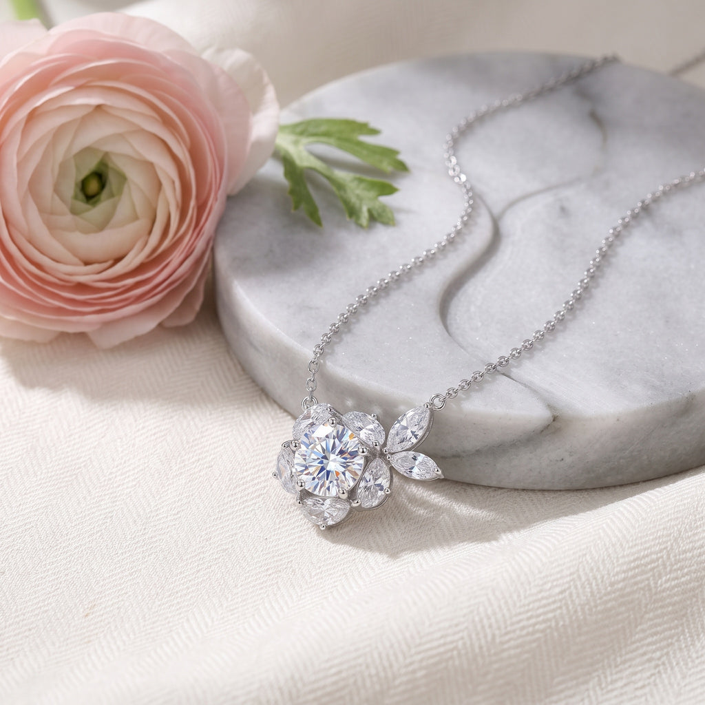 Sterling Silver Moissanite Flower Pendant Necklace