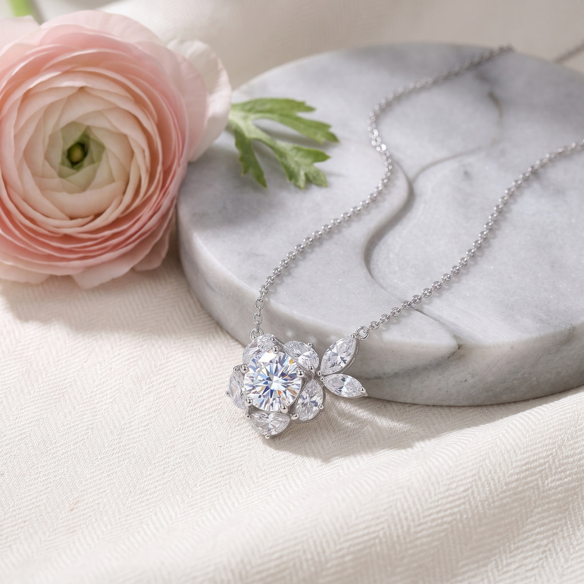 Sterling Silver Moissanite Flower Pendant Necklace