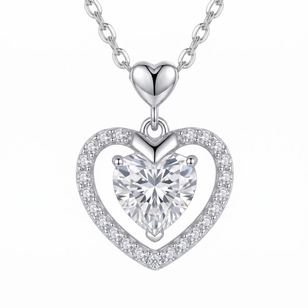 Sterling Silver Heart-Cut Moissanite Halo Pendant Necklace