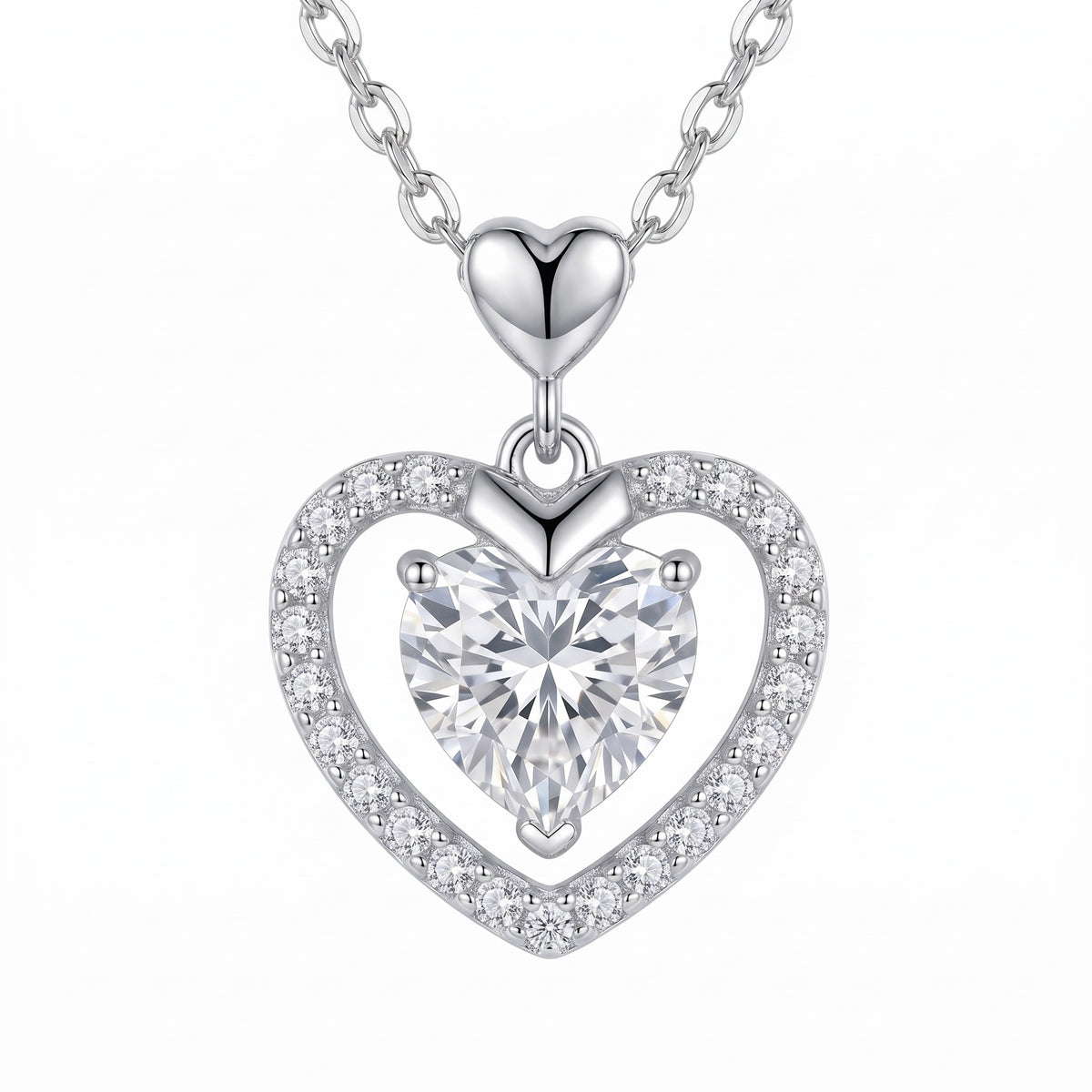 Sterling Silver Heart-Cut Moissanite Halo Pendant Necklace