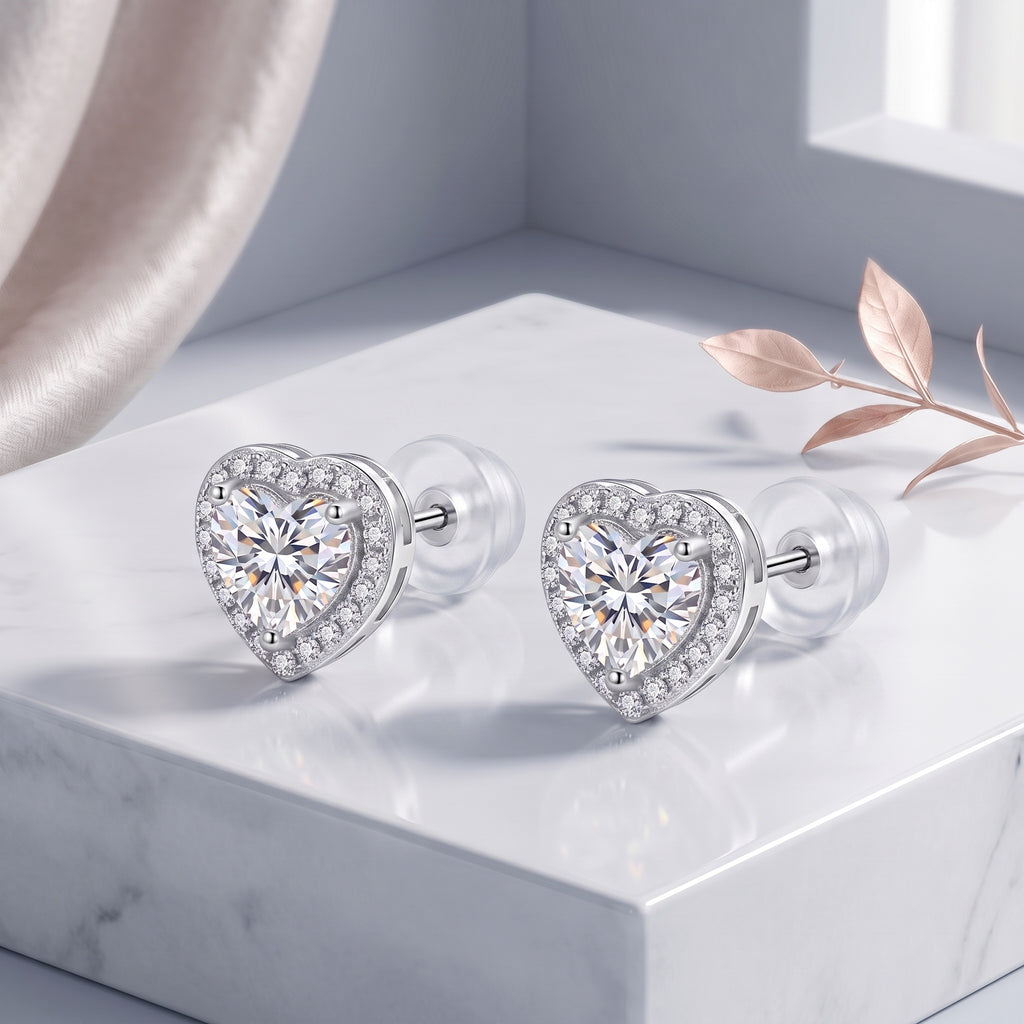 Sterling Silver Heart Moissanite Halo Stud Earrings