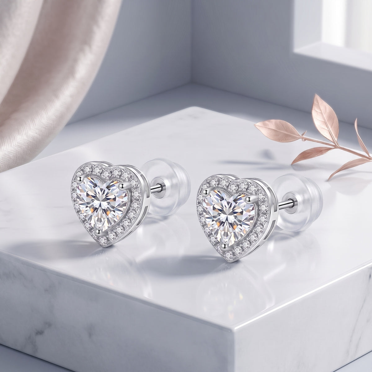Sterling Silver Heart Moissanite Halo Stud Earrings
