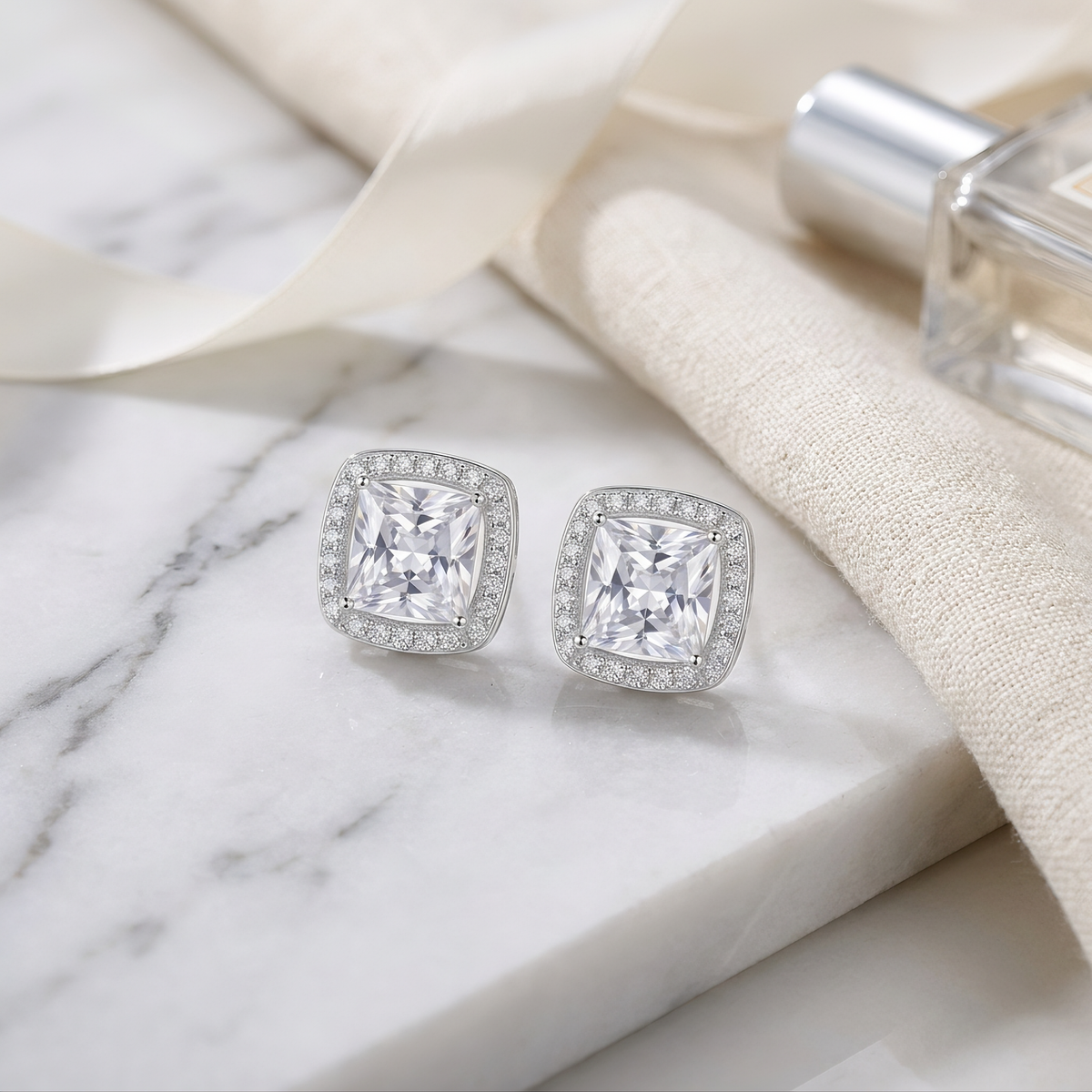 Sterling Silver Cushion-Cut Cubic Zirconia Halo Stud Earrings