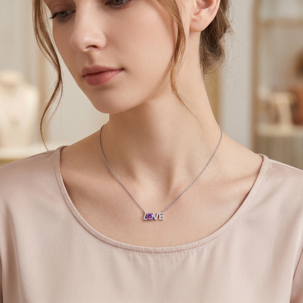 Sterling Silver Purple Moissanite LOVE Necklace
