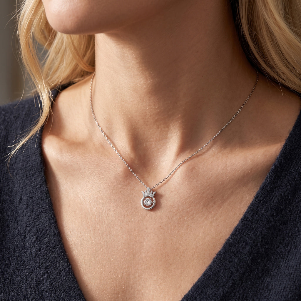 Sterling Silver Moissanite Queen Crown Pendant Necklace