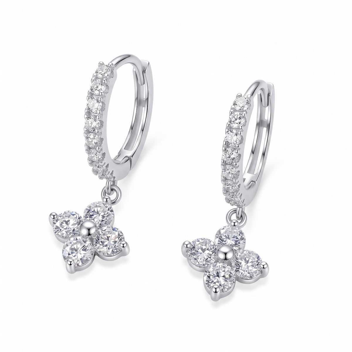 Sterling Silver Moissanite Flower Huggie Drop Earrings