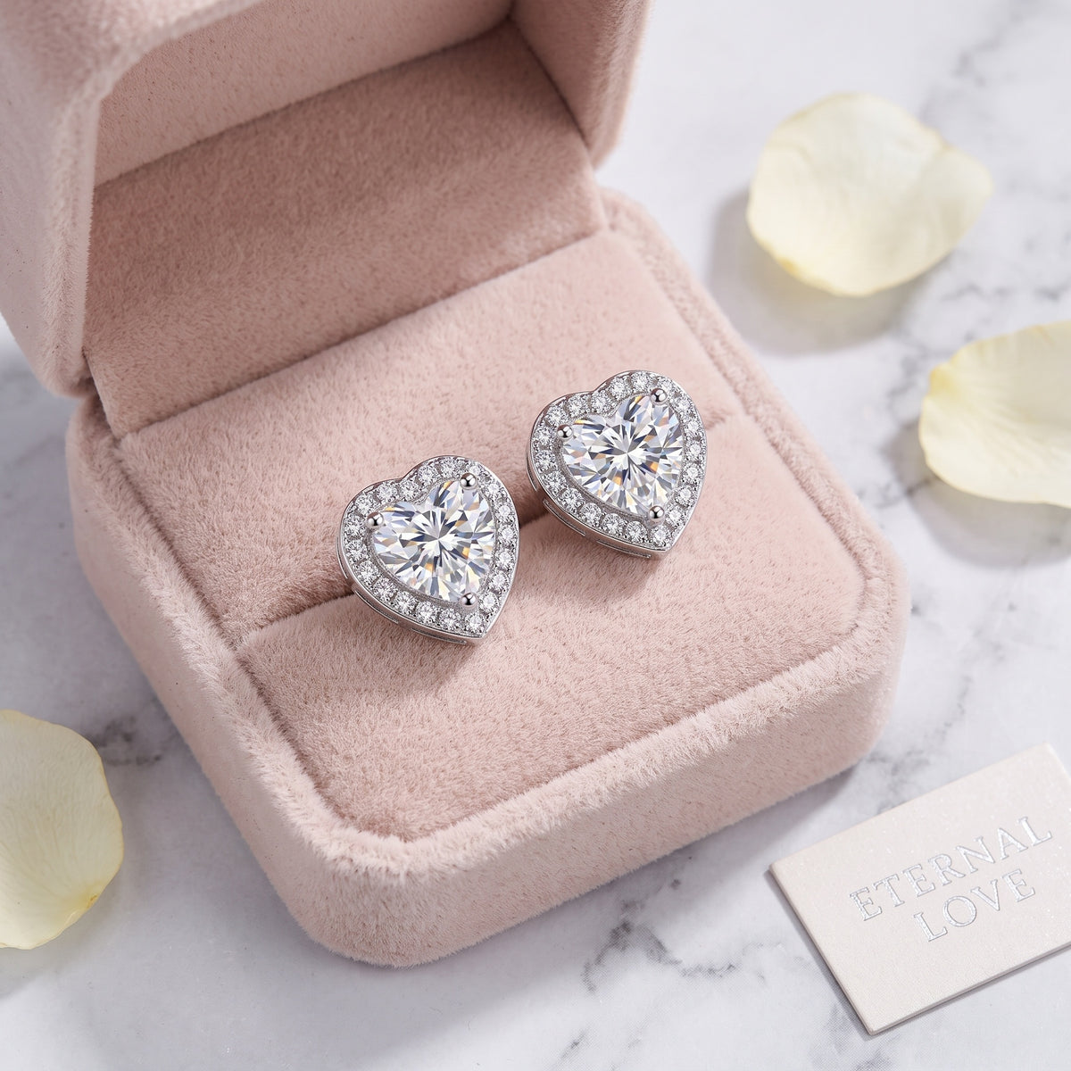 Sterling Silver Heart Moissanite Halo Stud Earrings