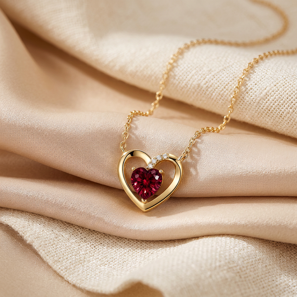 18K Yellow Gold Plated Red Heart Moissanite Pendant Necklace