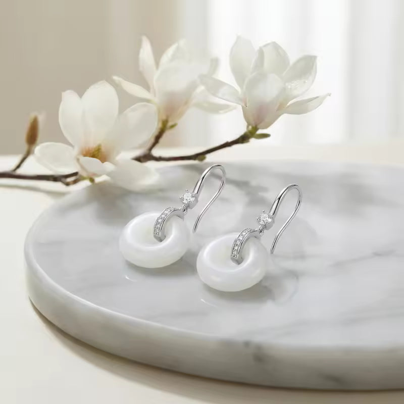 Elegant White Stone Drop Earrings with Polished Silver Accents