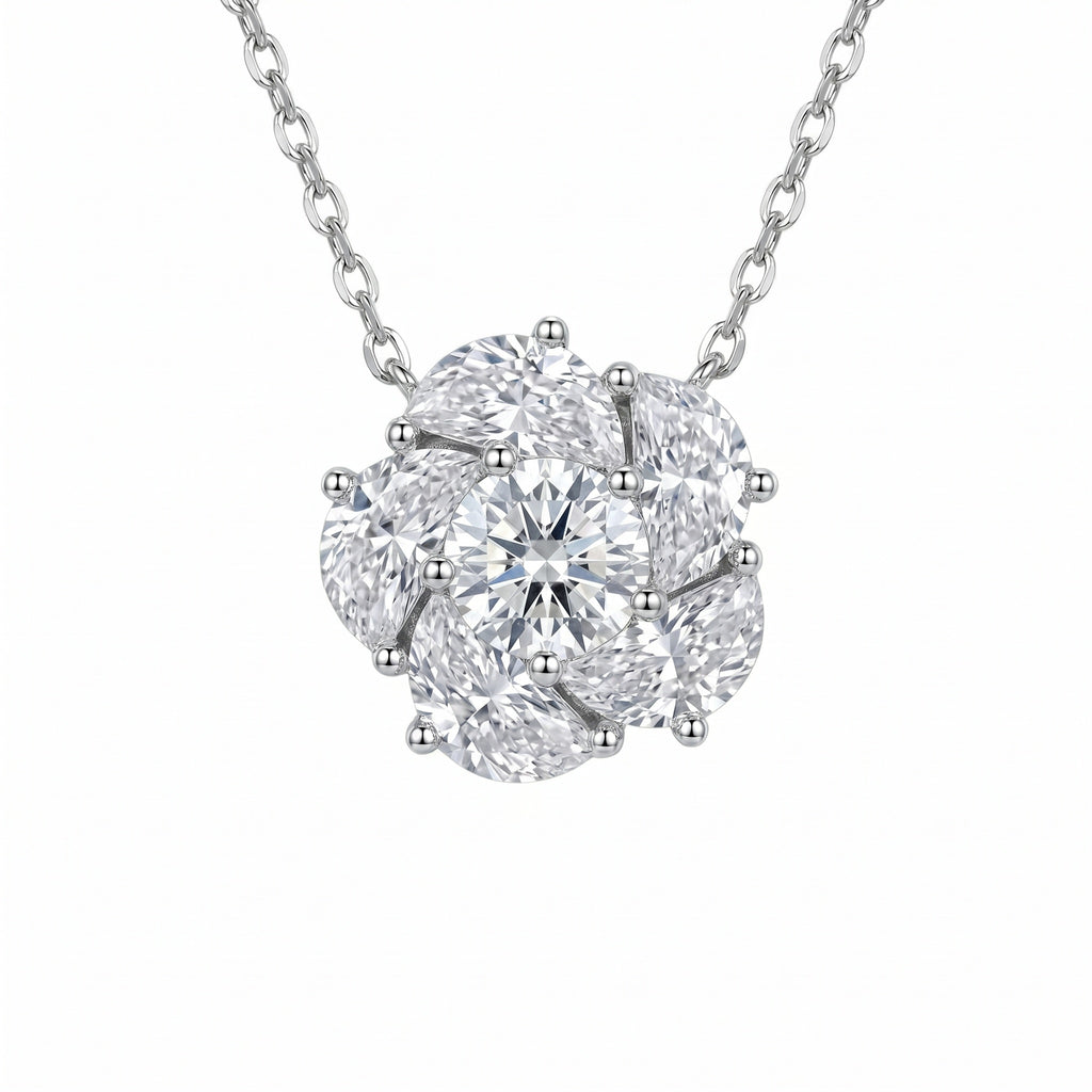 Sterling Silver Moissanite Flower Cluster Pendant Necklace