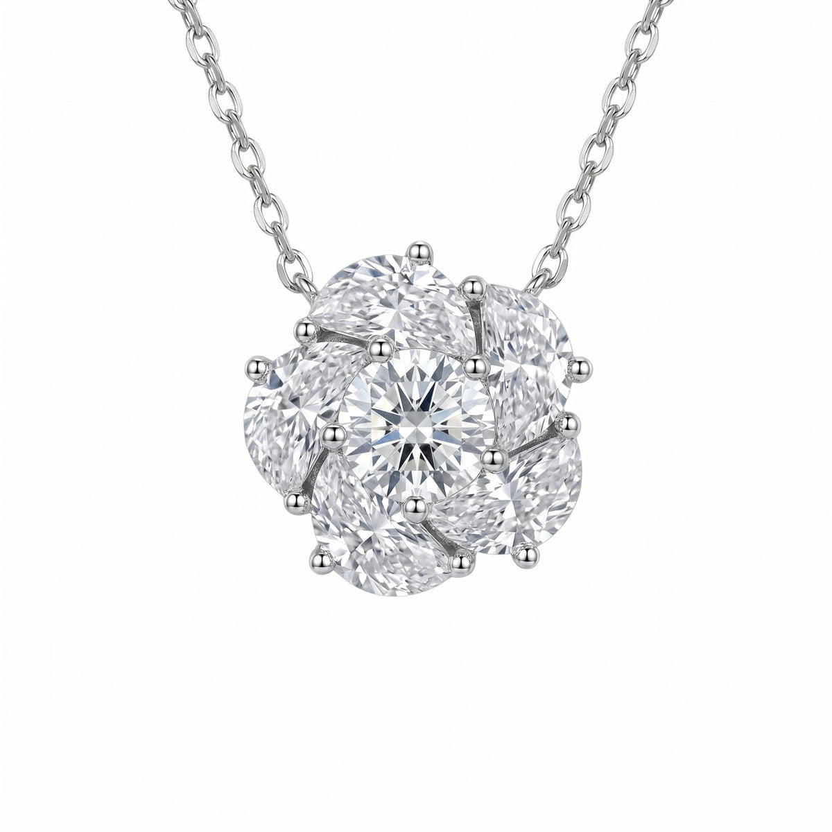 Sterling Silver Moissanite Flower Cluster Pendant Necklace