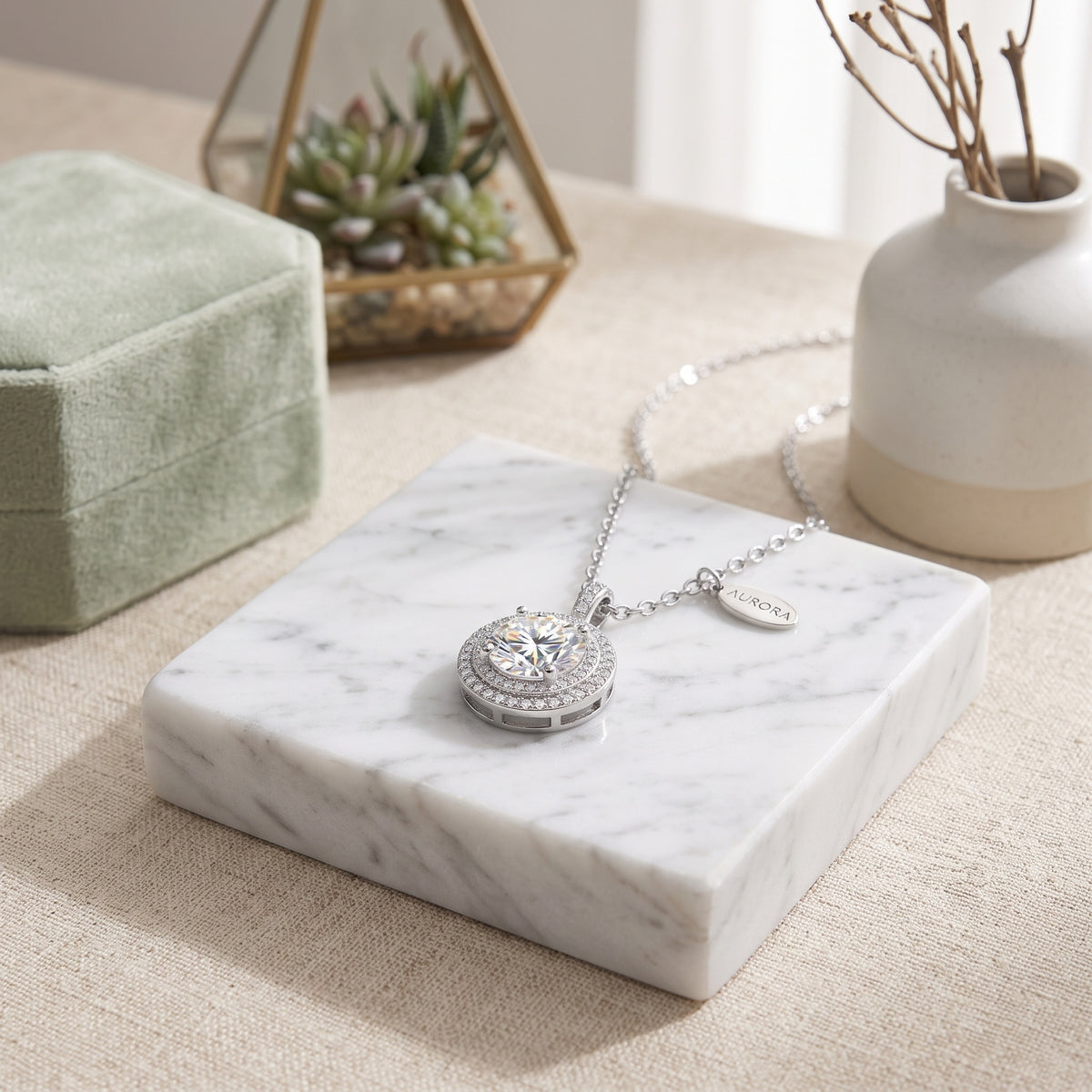 Sterling Silver Moissanite Double Halo Pendant Necklace
