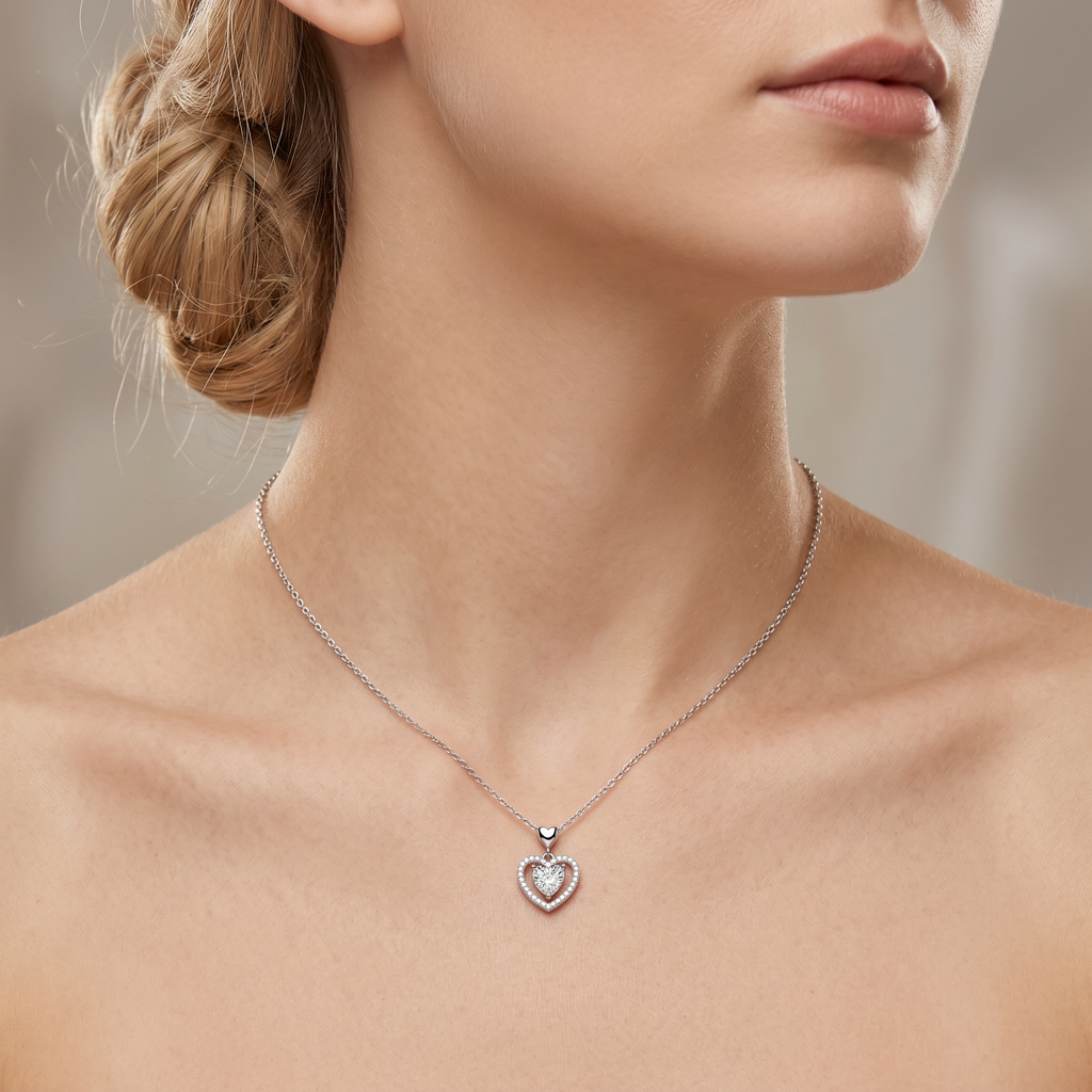 Sterling Silver Heart-Cut Moissanite Halo Pendant Necklace