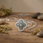 Green Jade and CZ Four-Leaf Clover Pendant Necklace