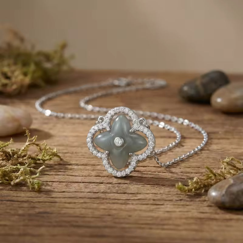 Green Jade and CZ Four-Leaf Clover Pendant Necklace