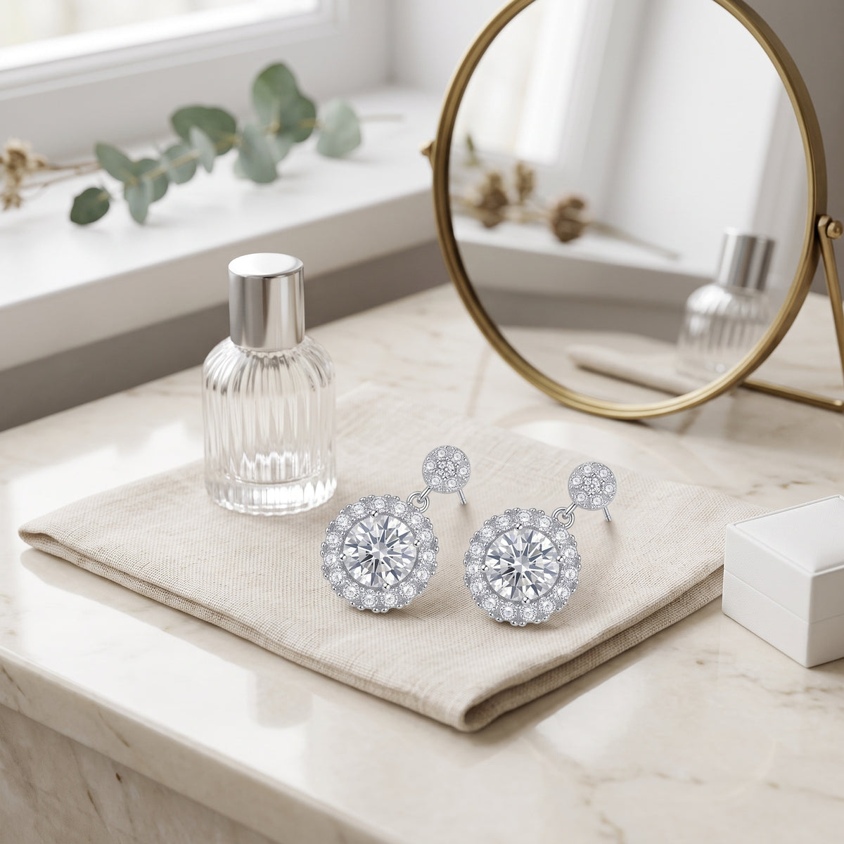 Sterling Silver Moissanite Halo Drop Earrings