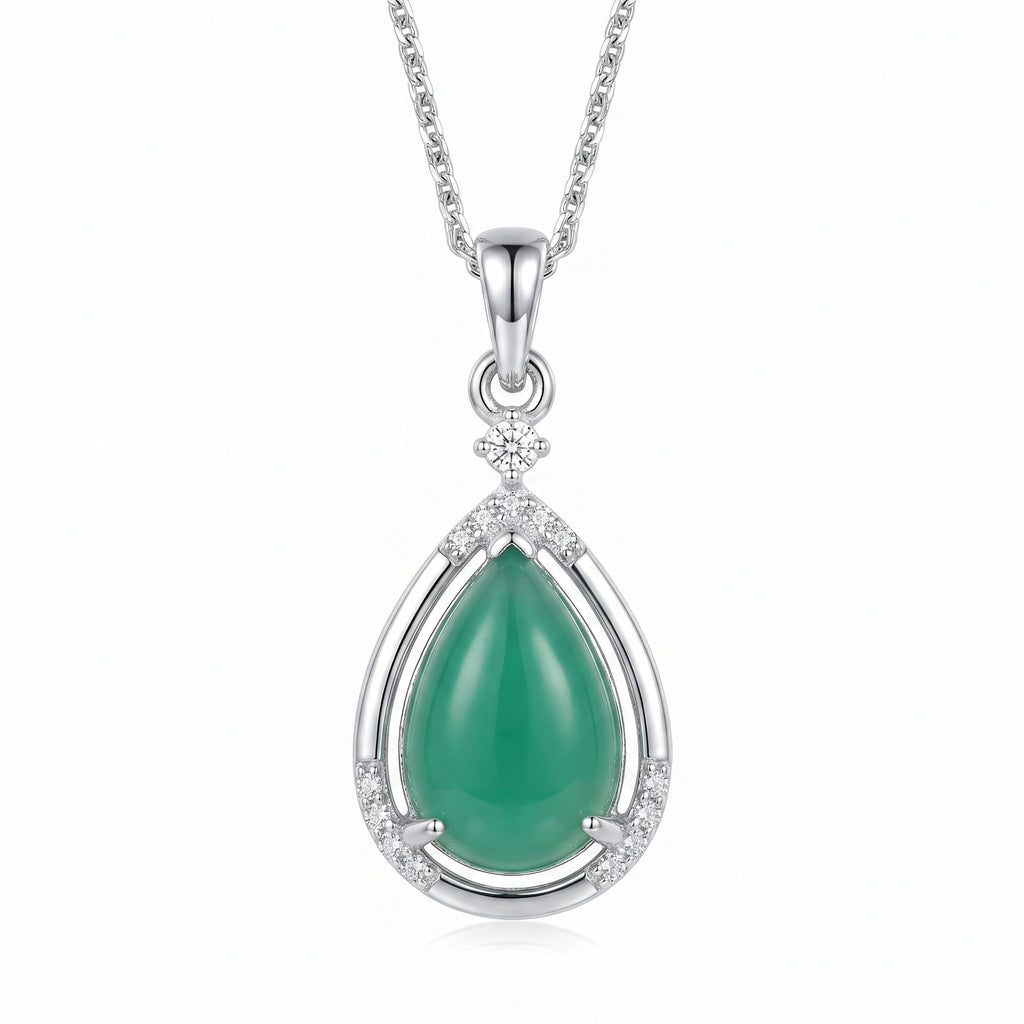 Teardrop Jade Pendant with CZ Accents Necklace