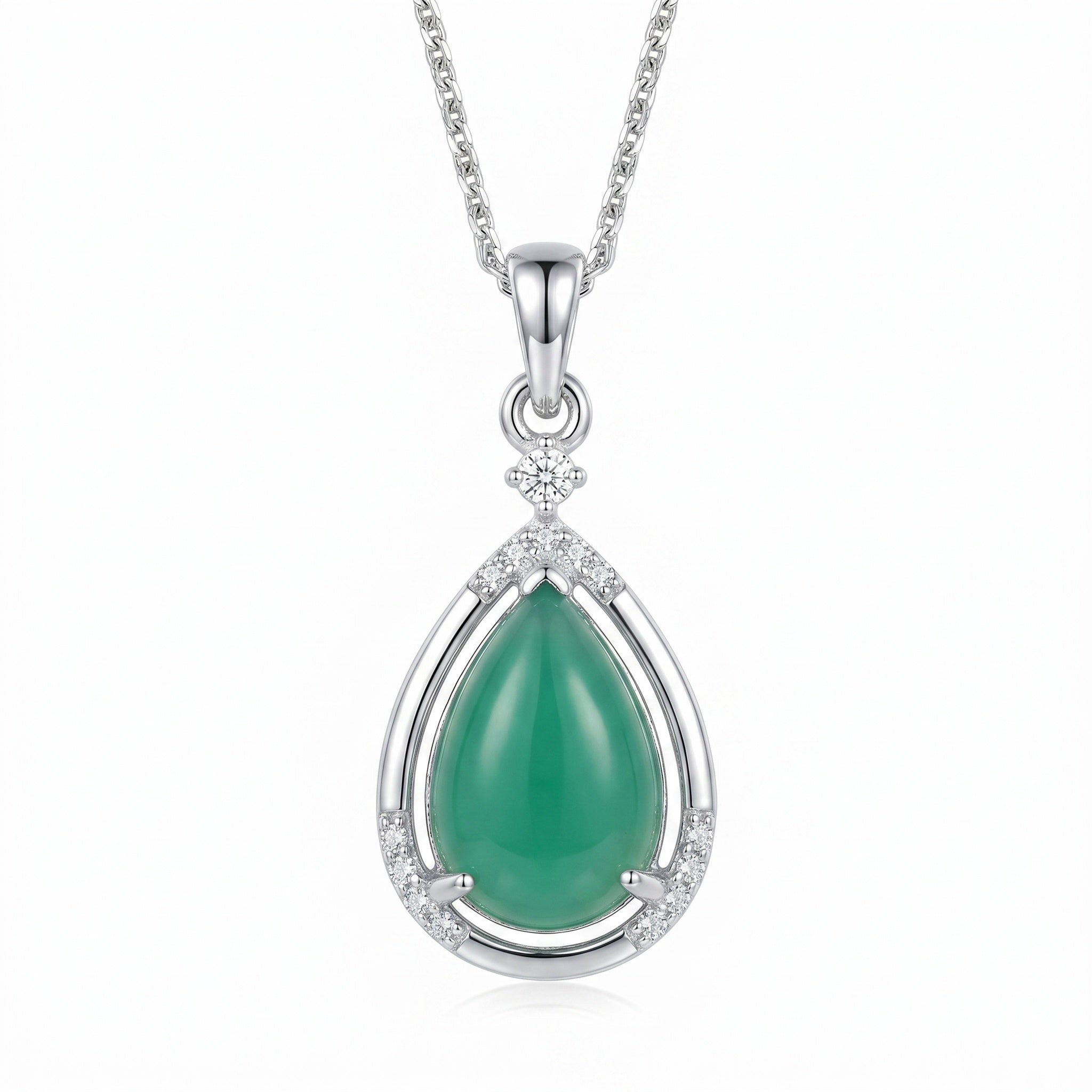 Teardrop Jade Pendant with CZ Accents Necklace