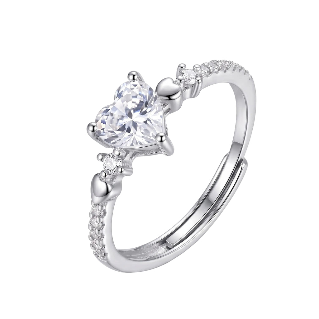 Sterling Silver Adjustable Heart Cubic Zirconia Solitaire Ring
