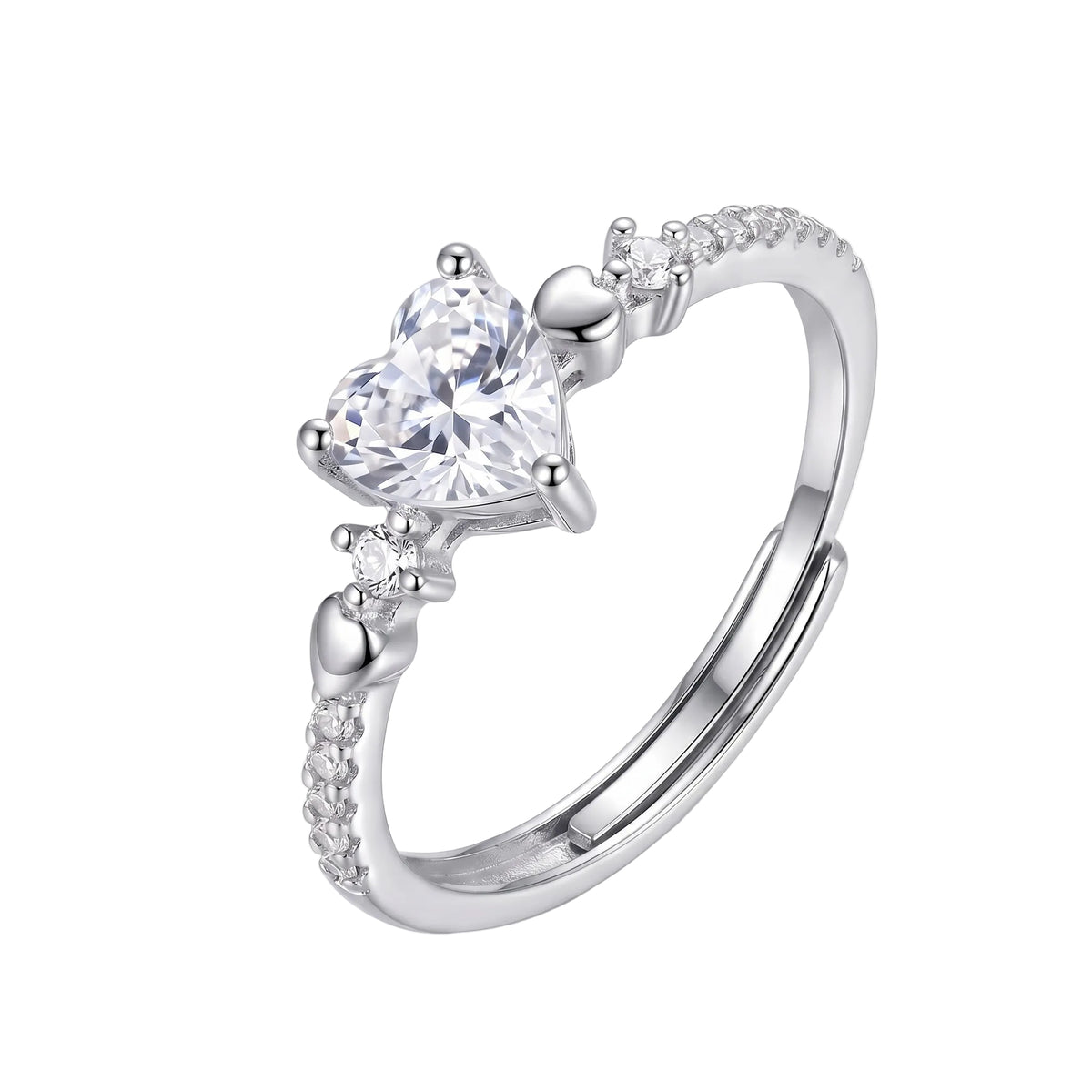 Sterling Silver Adjustable Heart Cubic Zirconia Solitaire Ring
