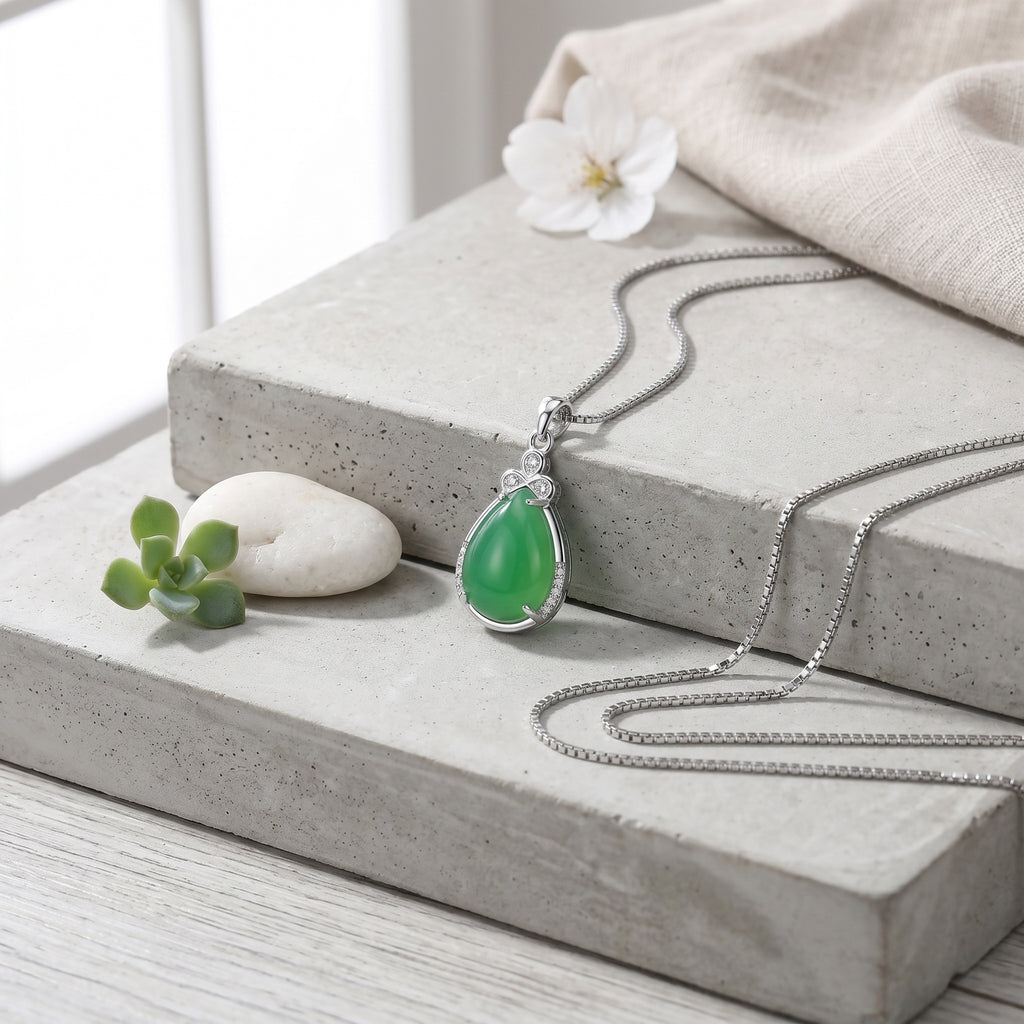 Green Teardrop Pendant Necklace with Sparkling Silver-Tone Halo